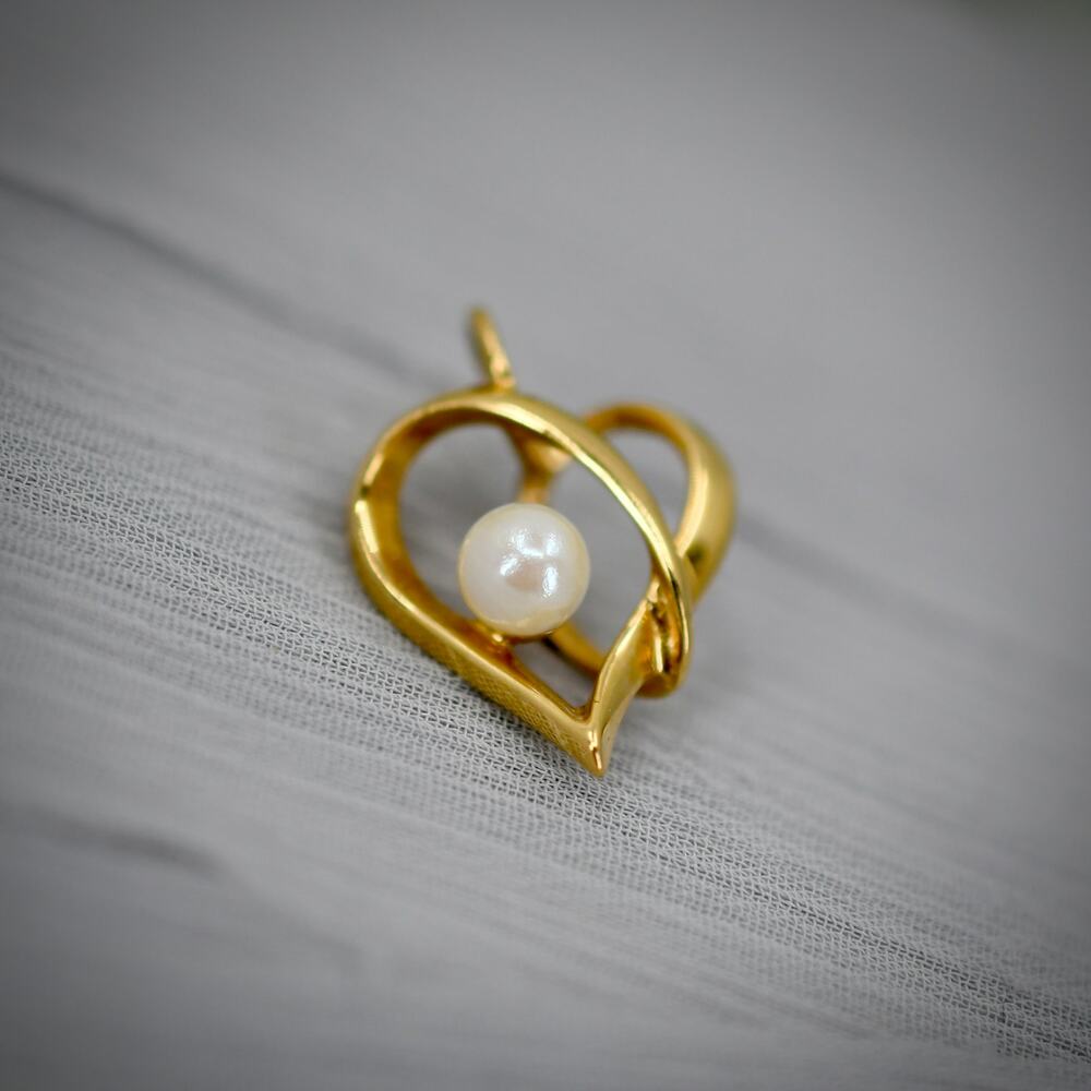 14K Yellow Gold Cultured Pearl Accent Open Heart Pendant 3D 1.83g